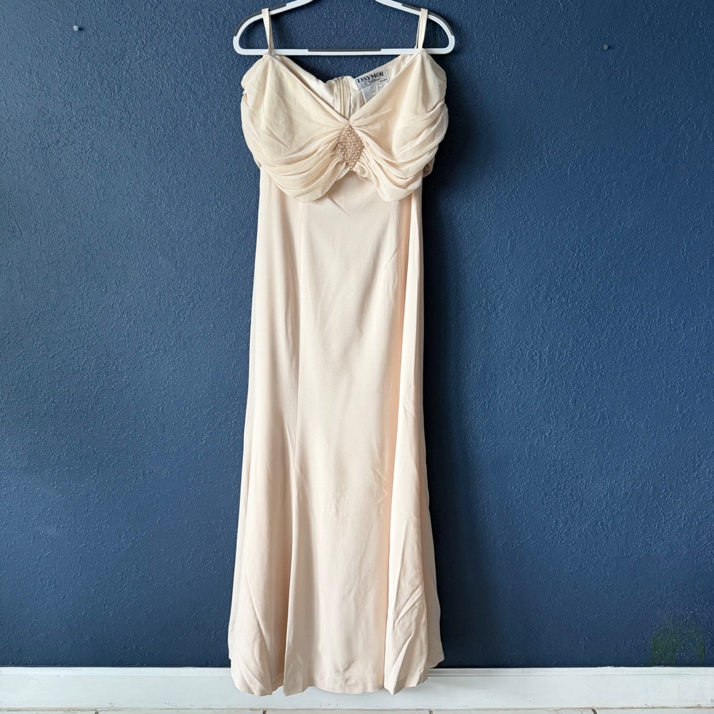 Daymor Couture Champagne Beaded Draped Evening Gown Dress Womens Size 8 Formal